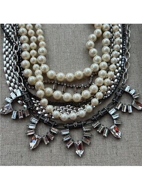 Stella & Dot Pearl and Silver Crystal Layered Statement Necklace